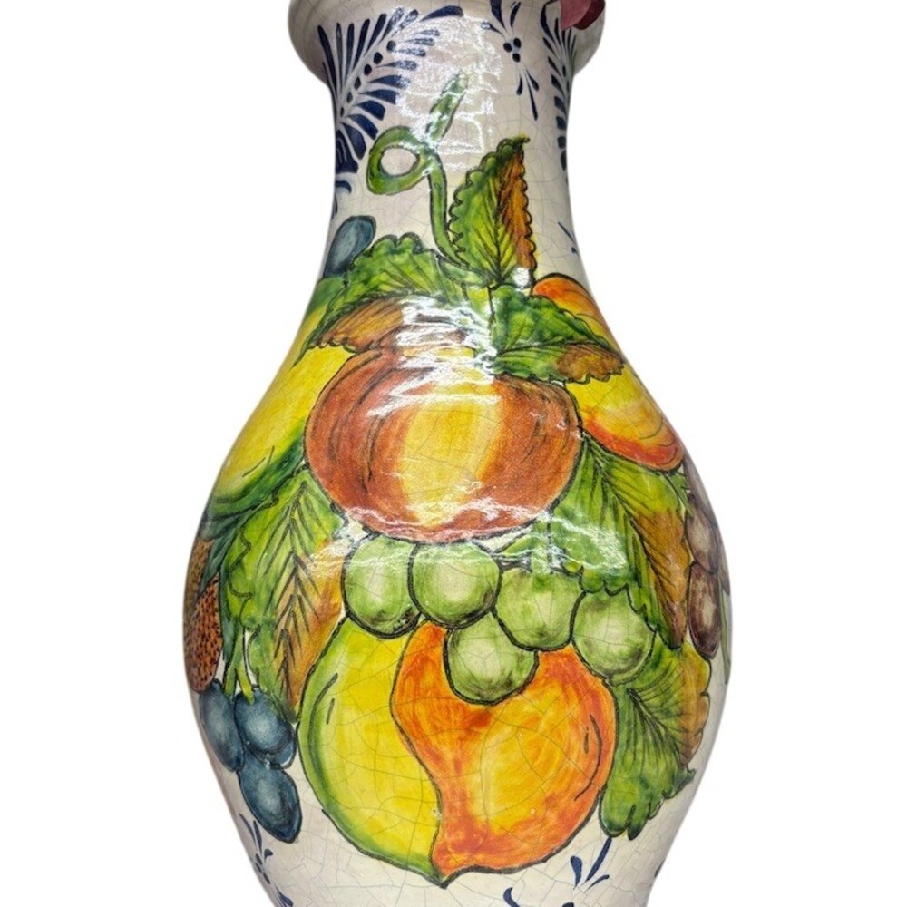 Hand-Painted Majolica Style Ceramic Pitcher Vase Fruit Motif Blue Floral